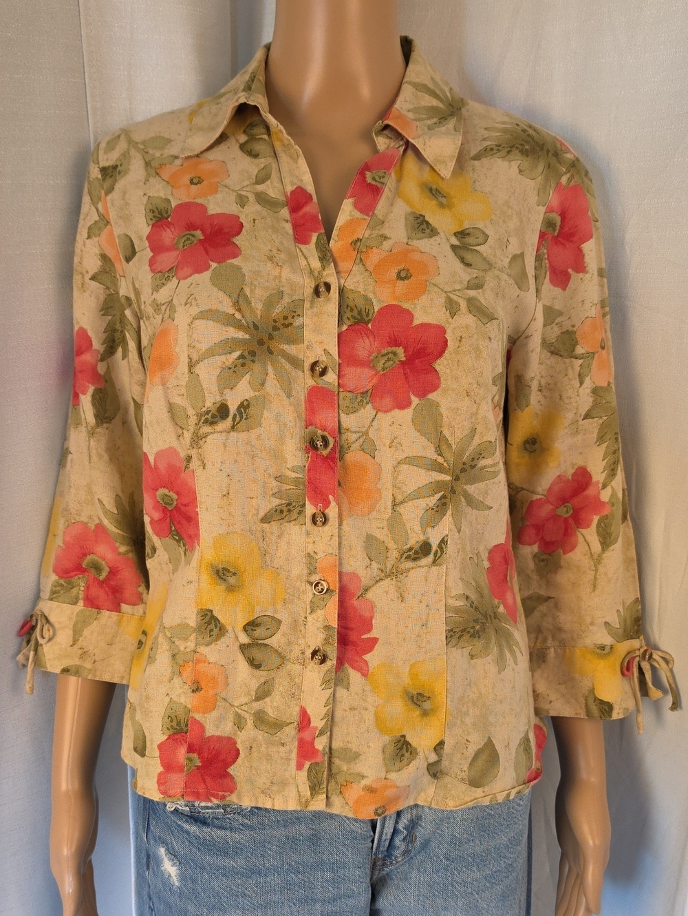 JM Collection 100% Linen Cream Button-Down Blouse with Pink/Yellow Floral Print